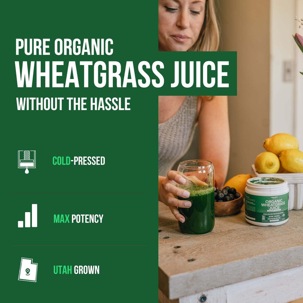 Organic Wheatgrass Juice Powder - Organic, Grown in Volcanic Soil of Utah - Raw Form, Cold-Pressed Then CO2 Dried, 20:1 Concentrate Juice Extract - Unflavored (5.3 oz ¨C 60 Servings)