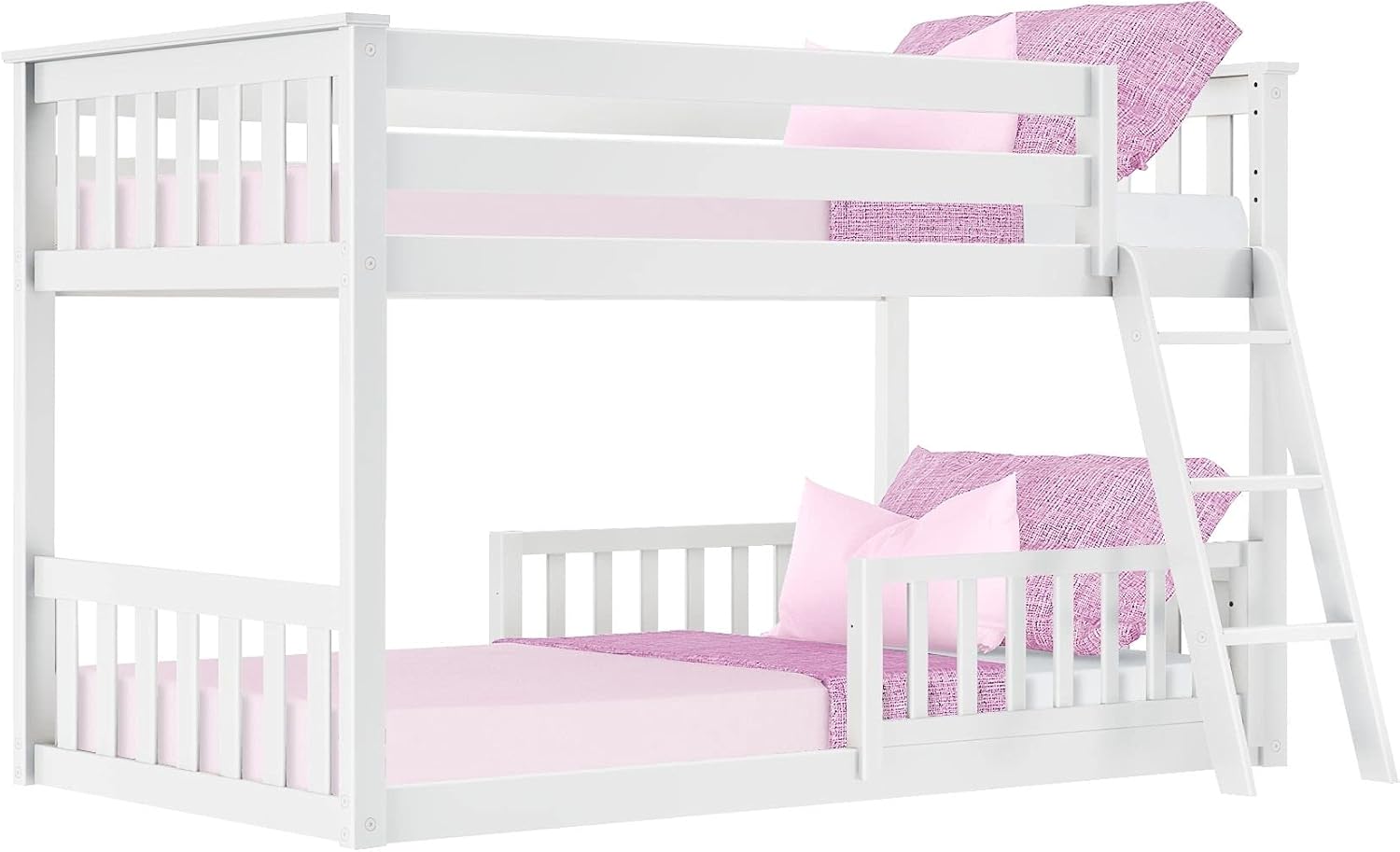 Max & Lily Low Bunk Bed, Twin-Over-Twin Bed Frame For Kids With 2 Guard Rails, White