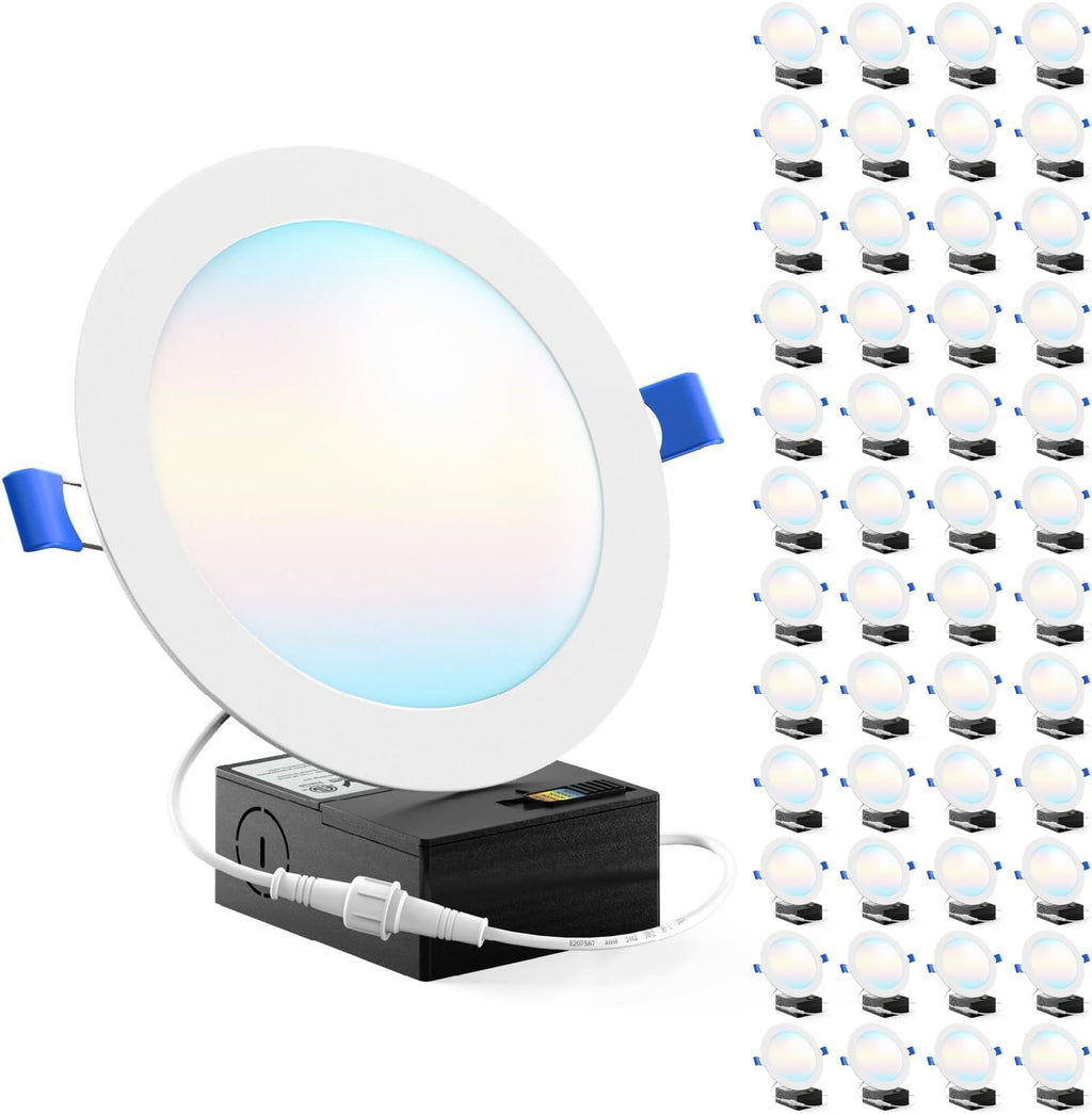 Sunco 48 Pack 6 Inch LED Recessed Light, Canless Ceiling Lights Slim with Junction Box, 850 LM, 14W (100W Equivalent), Selectable CCT 2700K/3000K/4000K/5000K/6000K, Dimmable, Wafer Thin ETL
