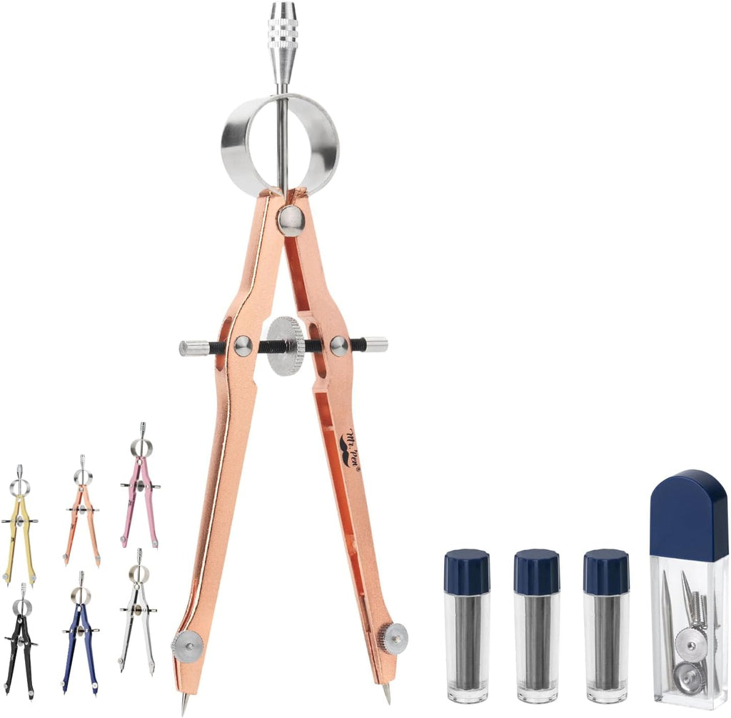 Professional Geometry Compass - Rose Gold, Metal with Lock, Drawing Drafting Compass - Extra Leads Included