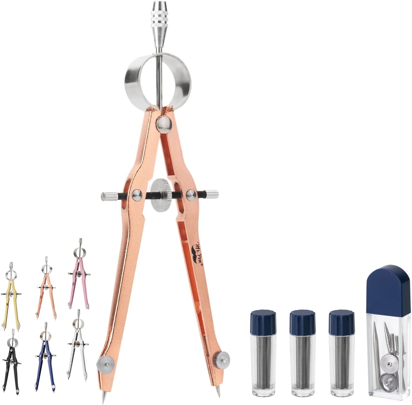 Professional Geometry Compass - Rose Gold, Metal with Lock, Drawing Drafting Compass - Extra Leads Included
