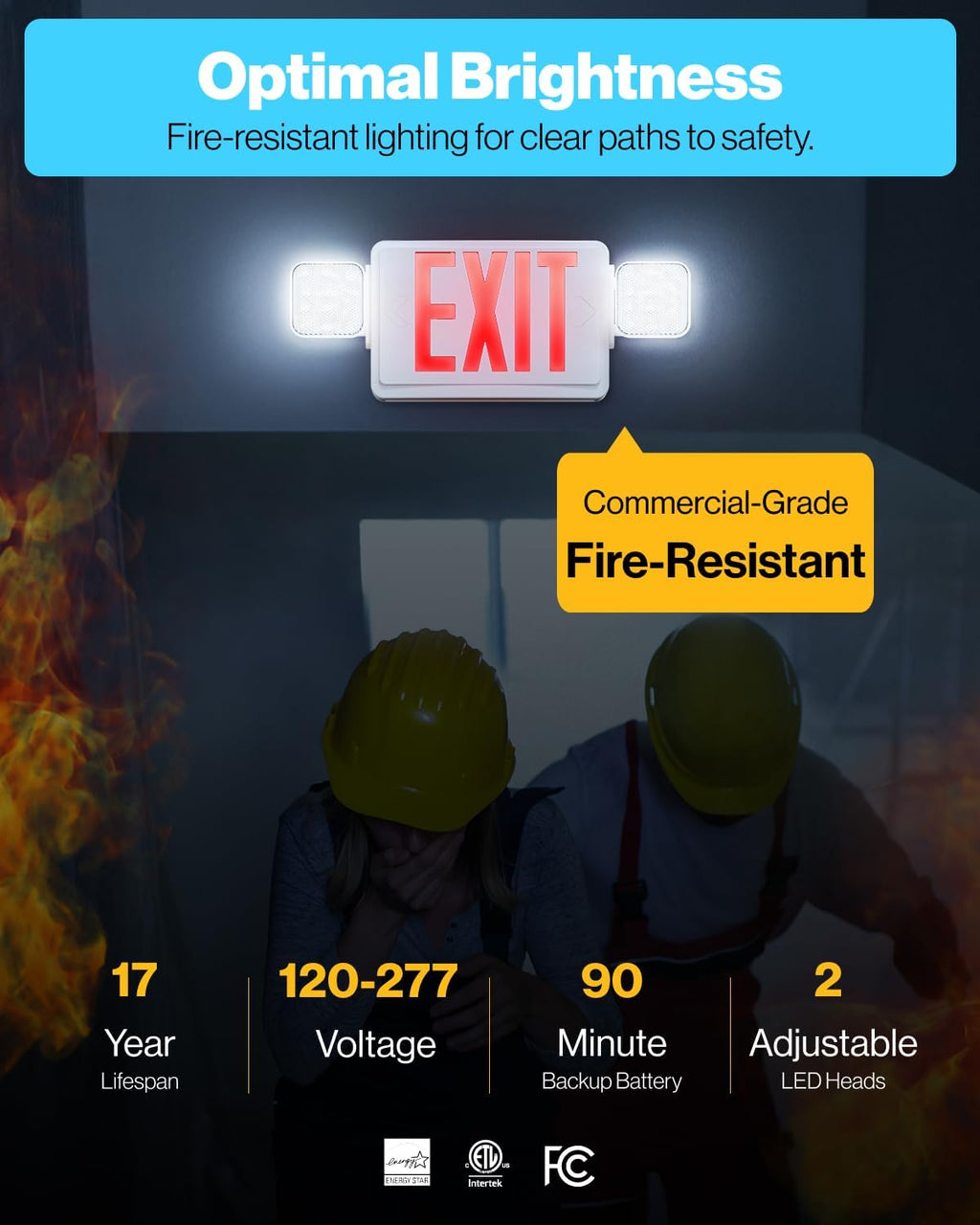 Sunc 1 Pac Re Exi Sign Wit Emergenc Lights Tw Adjustabl Squar LE Lights 94V- Fir Resistant Backu Battery 120-277V Wal O Ceilin Mount Commercia Grad Doubl Sided.