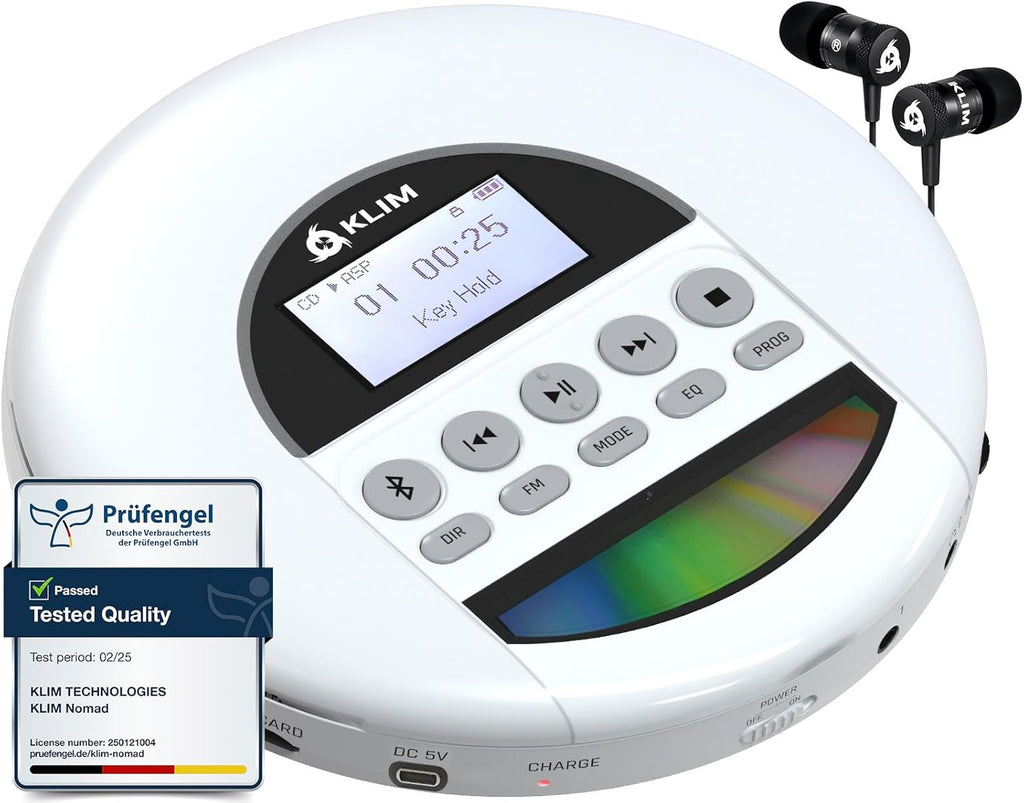 KLIM Nomad - New - Portable CD Player with Long-Lasting Battery - with Headphones - Radio FM - Compatible MP3 CD Player Portable - TF Card Radio FM Bluetooth - Ideal for Cars - White