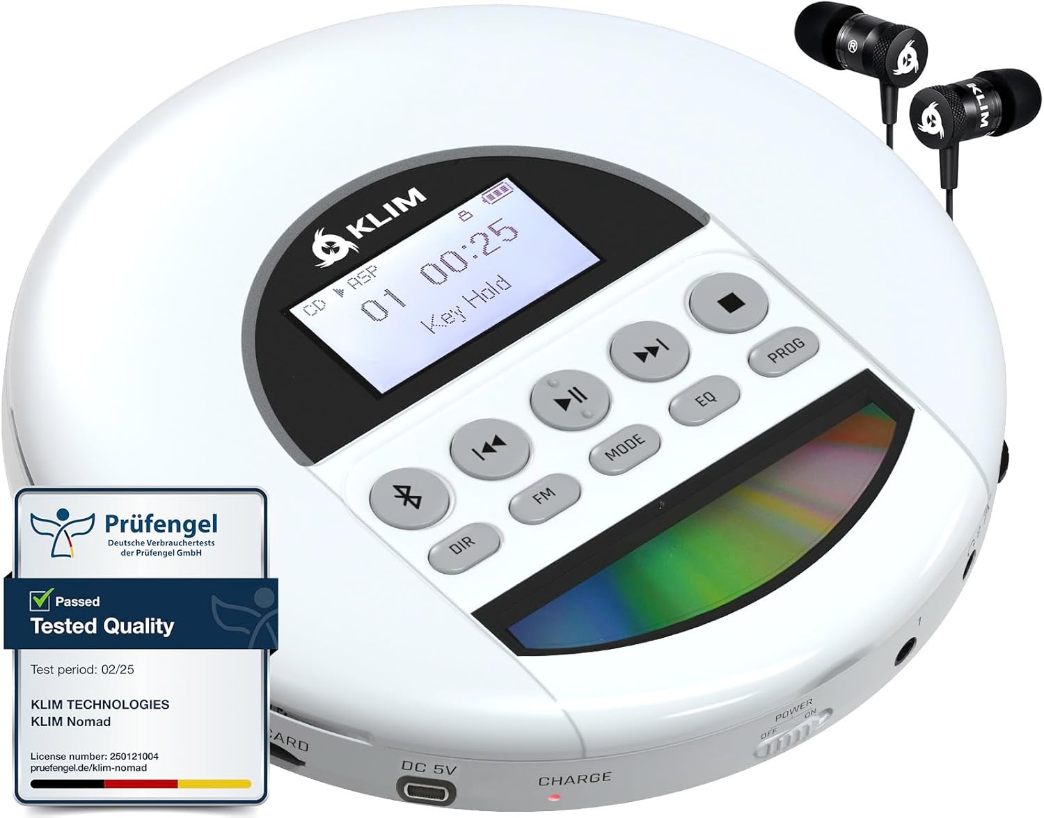 KLIM Nomad - New - Portable CD Player with Long-Lasting Battery - with Headphones - Radio FM - Compatible MP3 CD Player Portable - TF Card Radio FM Bluetooth - Ideal for Cars - White