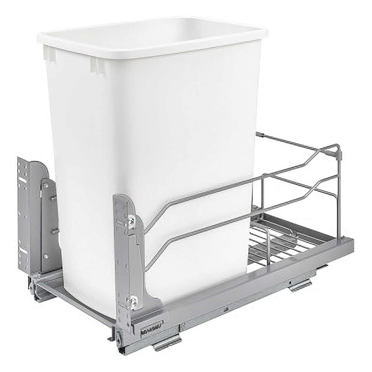 Rev-A-Shelf Pullout Trash Can for Base Kitchen Cabinets 35 Quart 8.75 Gallon with Soft-Close Slides and Rear Storage, White, 53WC-1535SCDM-111