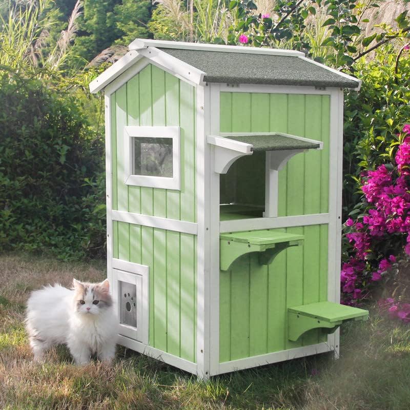 PetsCosset Outdoor Cat House Shelter Weatherproof, Two Story Wooden Outside Feral Cat House with Openable Roof, Escape Door