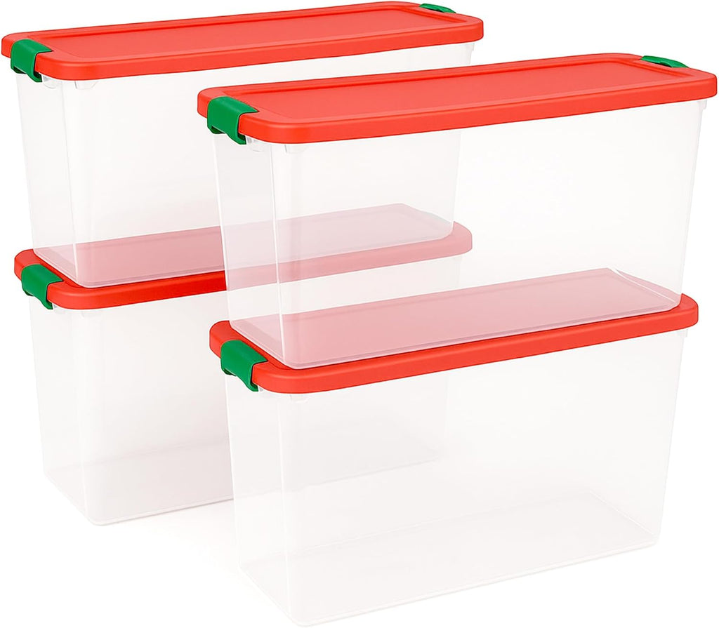 HOMZ 4-Pack Holiday Tote, Clear Plastic Storage Bins w/Lids & Dividers, 112 Quart, Red - Stackable Organizing Containers for Christmas Ornament Decorations, Gift Wraps, and Crafts