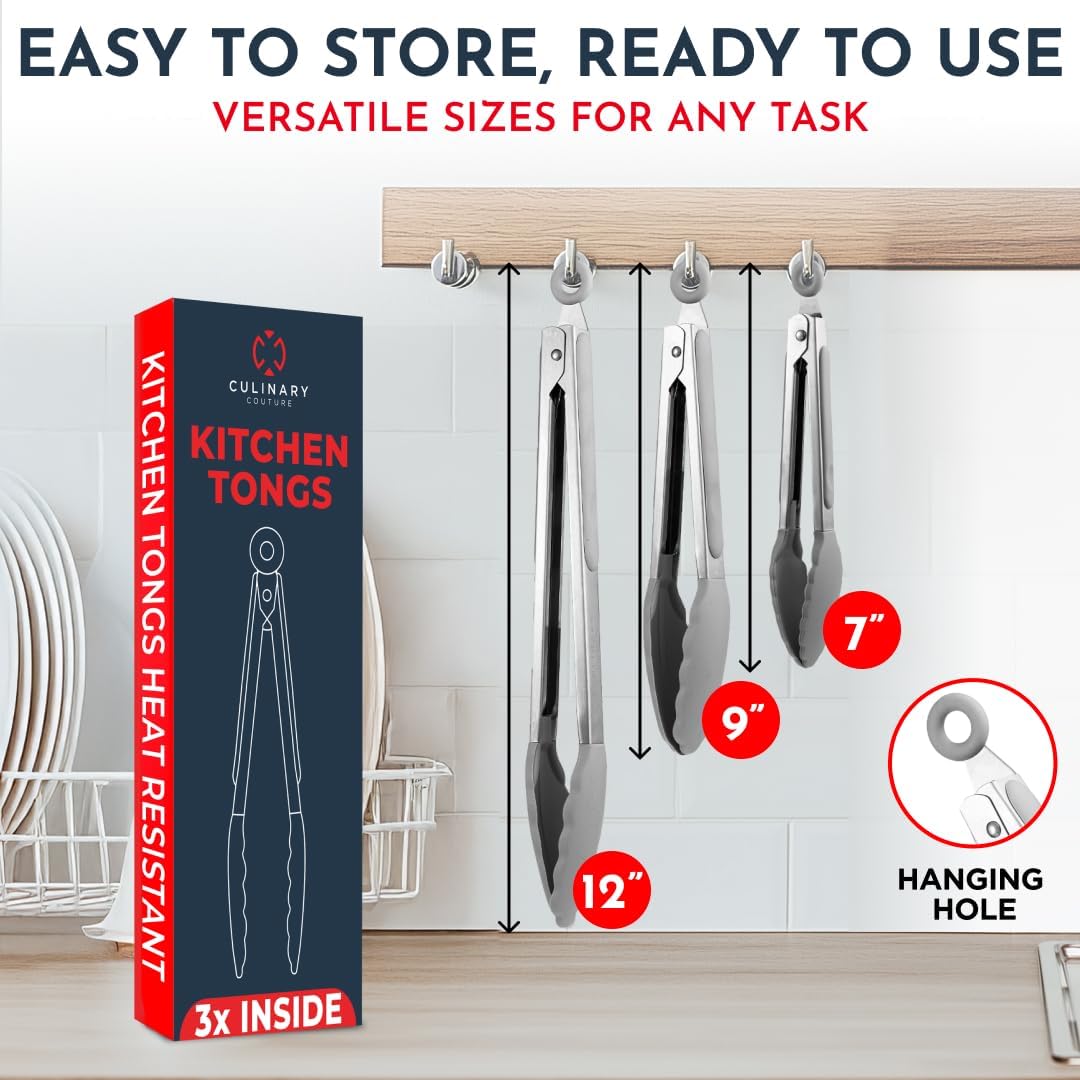 Kitchen Tongs for Cooking with Silicone Tips, Heat Resistant Tongs for Serving Food, 7-Inch, 9-Inch, 12-Inch Locking Silicone Tong, Set of 3 Salad Tong, Grey Kitchen Utensils