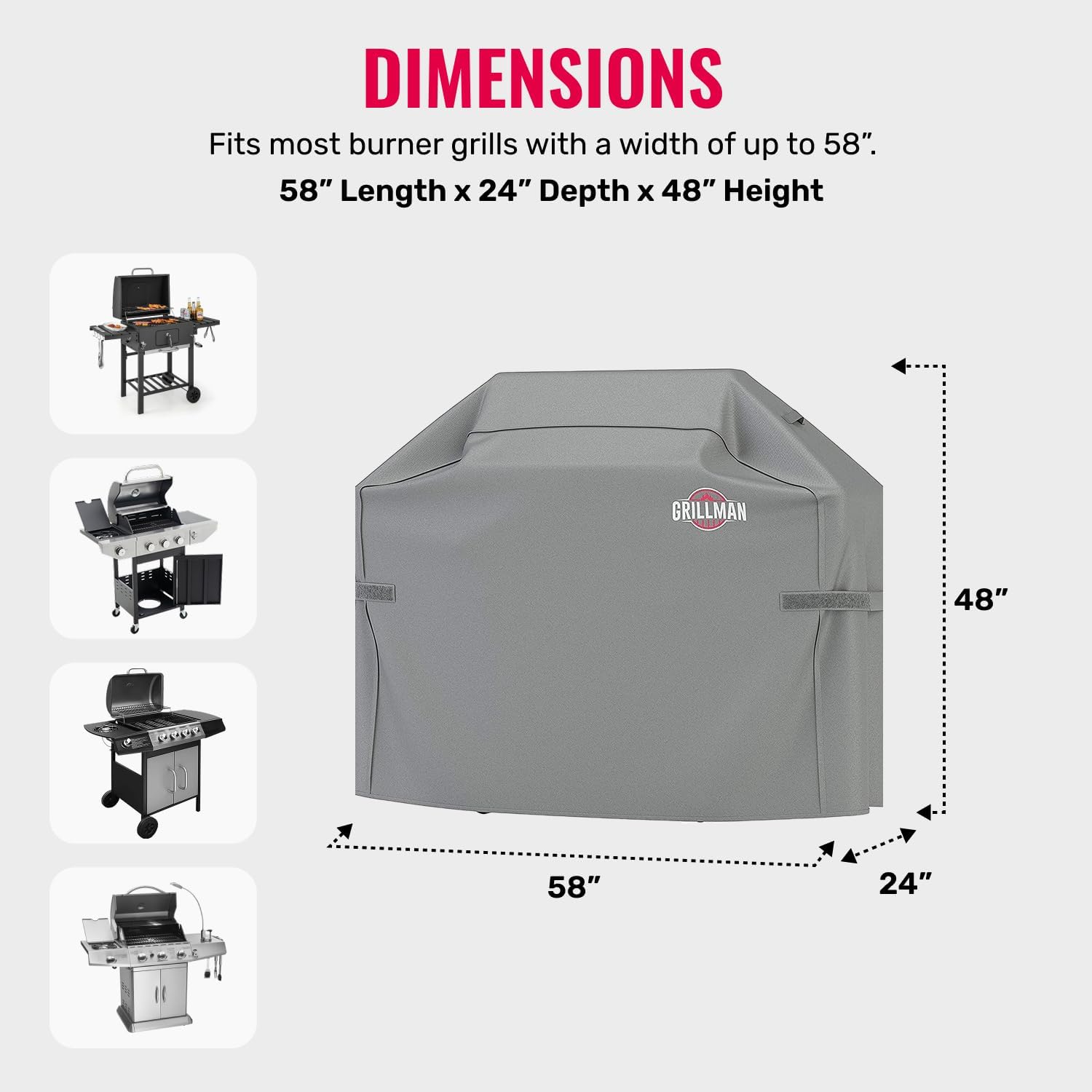 Grillman Grill Cover, BBQ Outdoor Grill Covers, Charcoal, Gas Grills, Waterproof, Rip-Proof, Weather-Resistant, Anti-UV, Barbecue Cover for Weber, Genesis, Charbroil, Nexgrill, etc (Gray, 58 Inch)