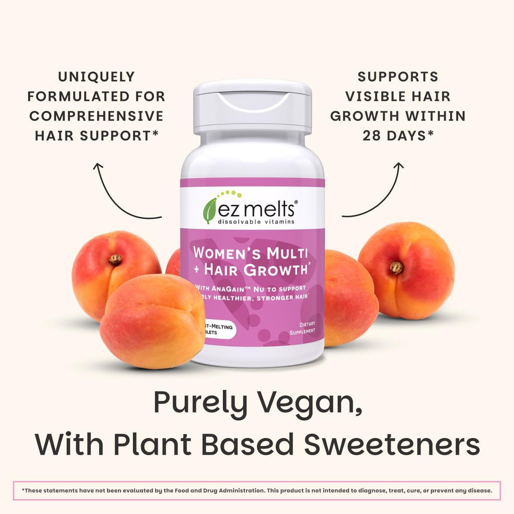 EZ Melts Women's Multi + Hair Growth - Daily Multivitamin for Women - Supports Healthy Energy Levels Reduced Hair Shedding - Non-GMO Vegan - Peach - 60 Dissolvable Tablets (30 Servings)