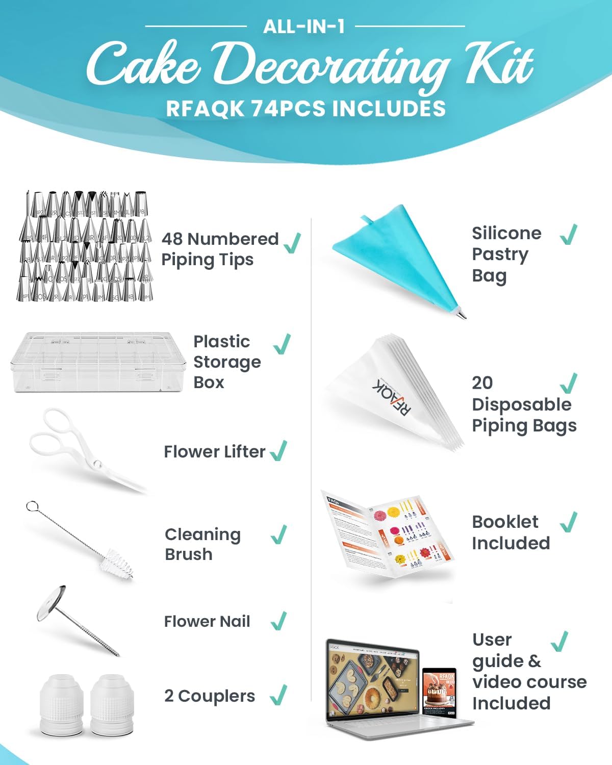 74 PCs Icing Piping Bags and Tips Set, Cake Decorating Kit with 48-Numbered Piping Tips, Anti Burst Pastry Bags for Cookie Cupcake Cake Decoration, Cake Decorating Tips Set with Booklet E-book