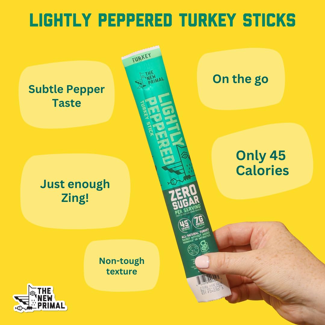 New Primal Lightly Peppered Turkey Sticks, Keto Gluten Free Healthy Snacks for Adults, Sugar Free Low Carb High Protein Snack, Paleo Whole30 Jerky Meat Stick, 7g Protein, 45 Calories, 5 Pack