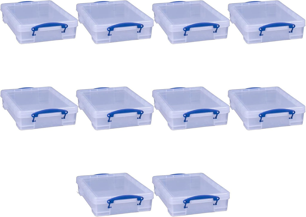 Really Useful Box 4 Liter Plastic Storage File Box Container with Snap Lid and Clip Lock Handles for Office Organization and Storage, Clear (10 Pack)