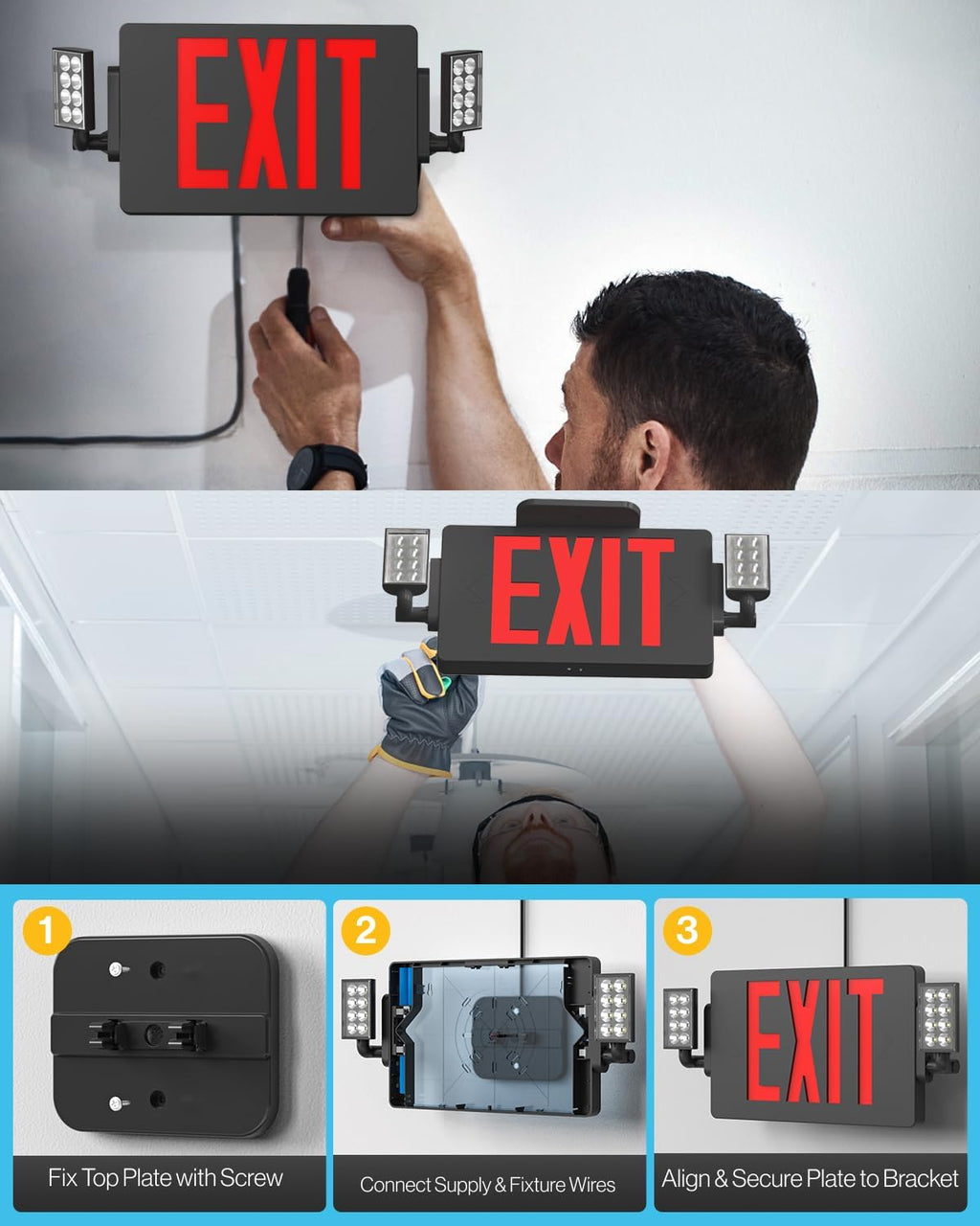 Sunco 6 Pack Black Exit Signs With Emergency Lights, Two Adjustable LED Lights, 94V-0 Fire Resistant, Backup Battery, 120-277V, Wall Or Ceiling Mount, Commercial Grade UL.