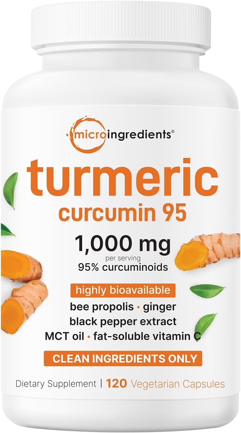 Pure Turmeric Curcumin Supplement 1,000mg | 95% Curcuminoids | 120 Veggie Capsules with Bee Propolis, Ginger, MCT Oil, Fat Soluble Vitamin C, & Black Pepper for Better Absorption | Filler Free