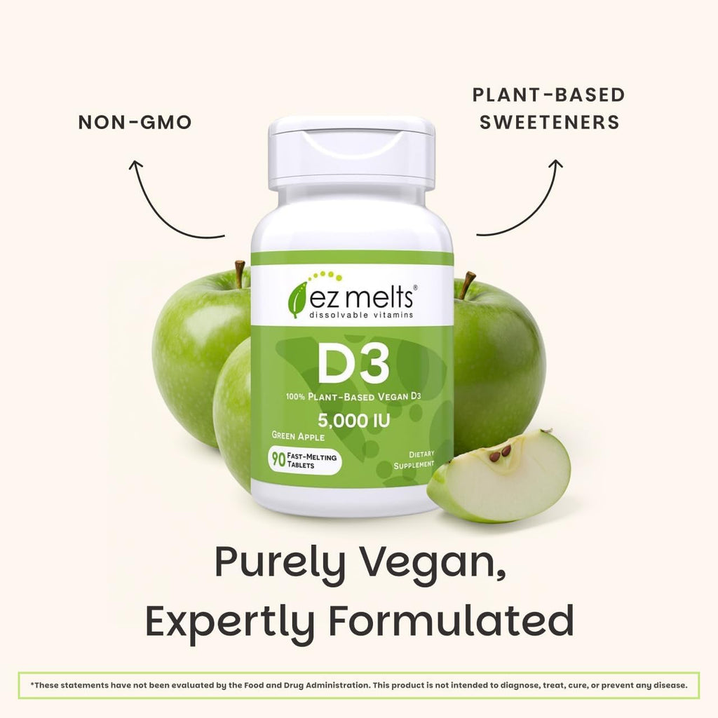 EZ Melts Dissolvable Vitamin D3 5,000 IU - Vegan Vitamin D Supplement for Bone Teeth Support - No Artificial Flavors - Plant-Based Non-GMO - Green Apple - 90 Dissolvable Tablets (90 Servings)