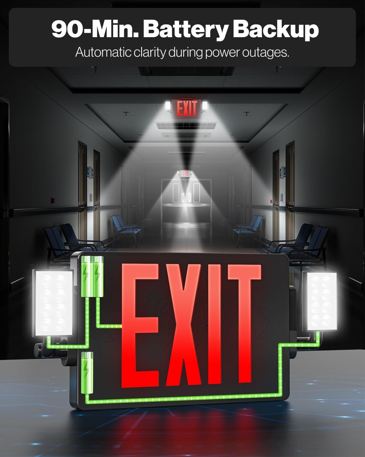 Sunco 6 Pack Black Exit Signs With Emergency Lights, Two Adjustable LED Lights, 94V-0 Fire Resistant, Backup Battery, 120-277V, Wall Or Ceiling Mount, Commercial Grade UL.