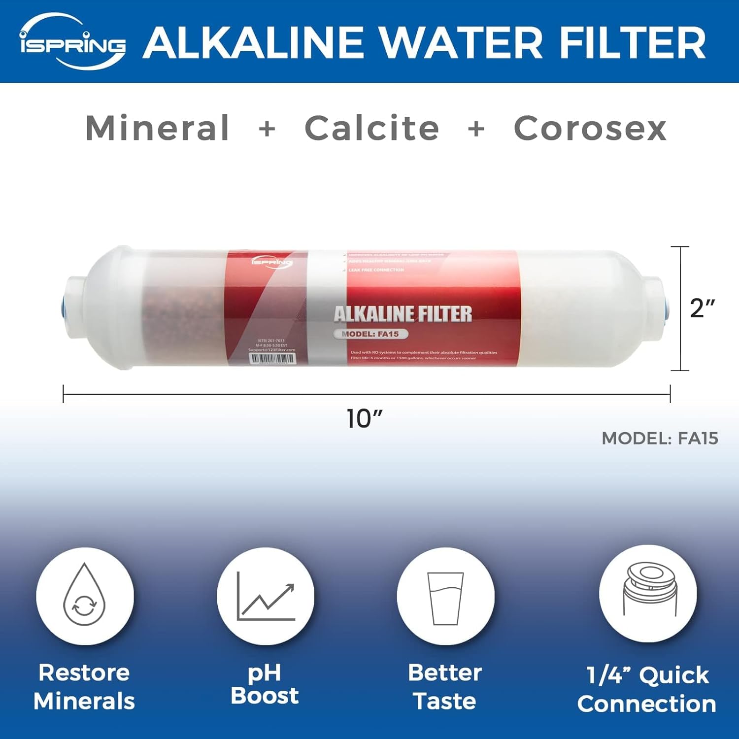 iSpring FA15 Alkaline Inline Water Filter Cartridge, 10¡± x 2¡± with 1/4¡± Quick Connect, NSF Certified, Add-on for RO Systems, Balances pH Restores Minerals, 3-Layer Replacement Filter