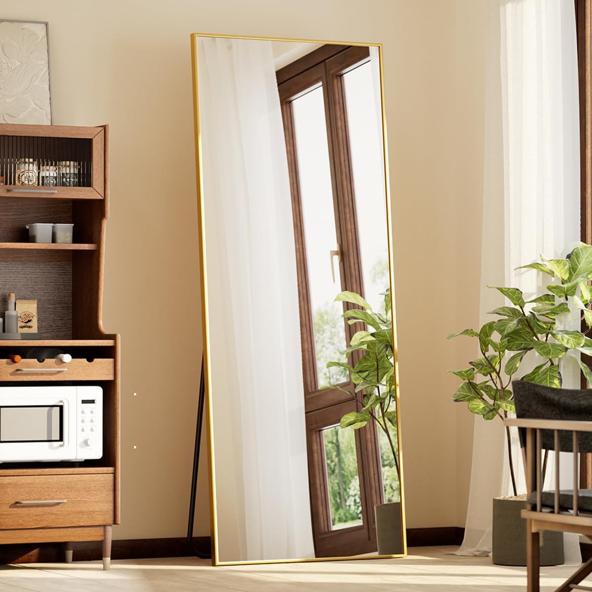 BEAUTYPEAK Full Length Mirror with Stand, 56inchx21inch Floor Mirror with Aluminum Alloy Thin Frame, ShatterVue Tempered Full Body Mirrors, Free Standing or Wall-Mounted Mirrors for Living Room, Gold