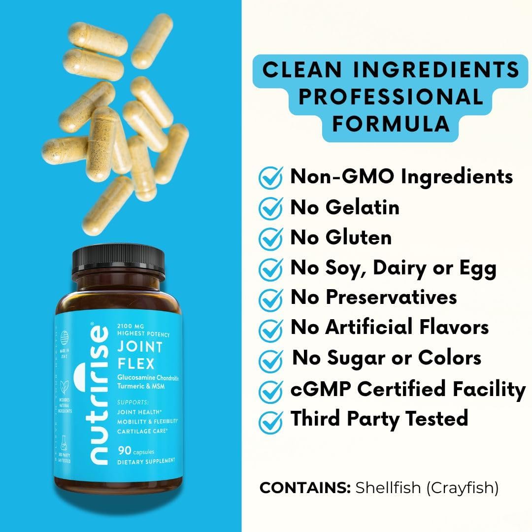 NutriRis Glucosamin Chondroiti Querceti MS wit Turmeri Curcumi 2100m Tripl Strengt Join Suppor Supplemen fo Wome Me wit Boswelli Bromelain Glute Free No GMO 9 Count