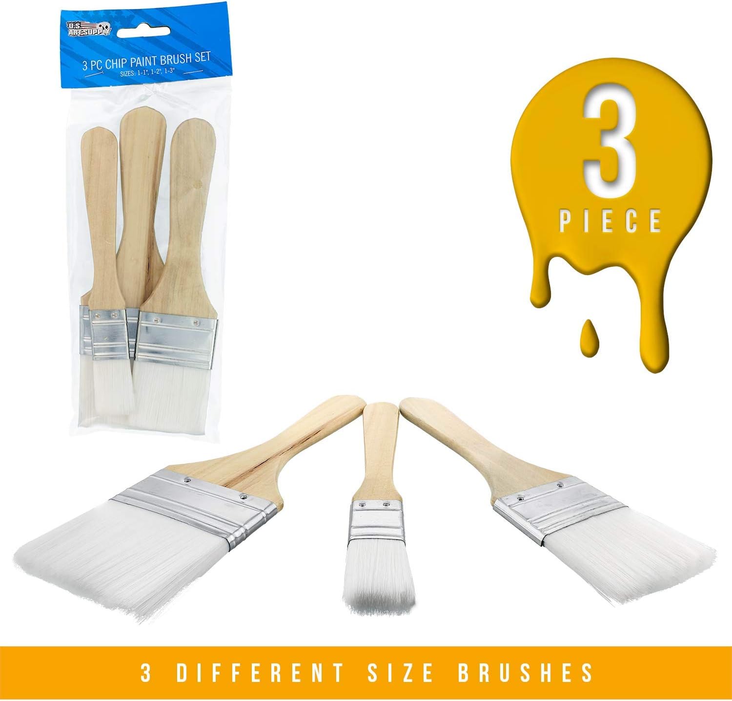 U.S. Art Supply 3 Pack of Variety Size Synthetic Bristle Paint, Chip and Utility Paint Brushes for Paint, Stains, Varnishes, Glues, and Gesso