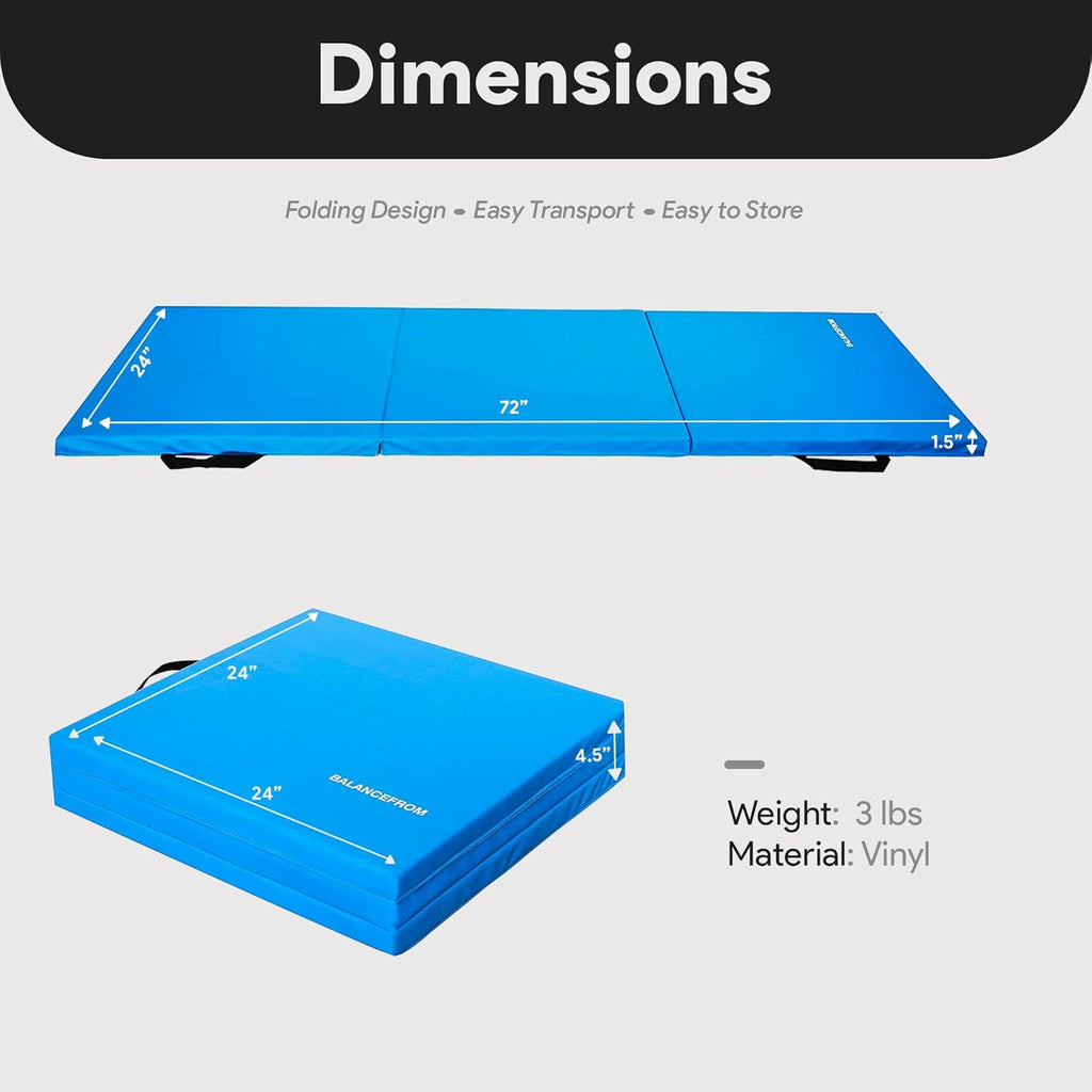 BalanceFrom 6x2 Feet 3-Panel Folding Gymnastics Mat ¨C 1.5-Inch Thick Pad with Vinyl Surface and Carrying Handles for Tumbling, Yoga, Pilates, Home Workouts, and Martial Arts