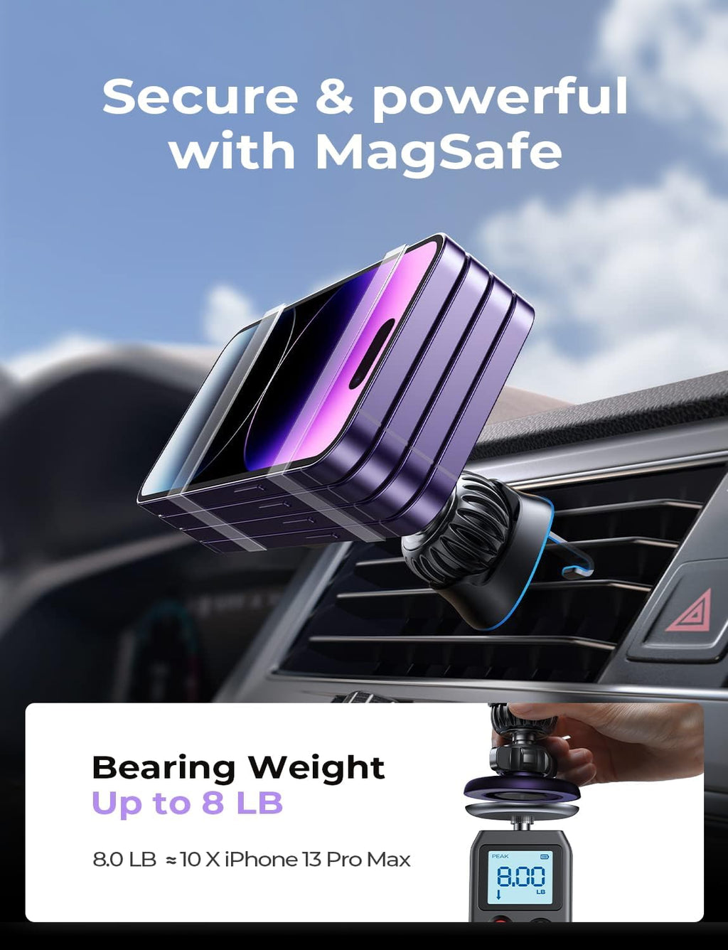 LISEN Fits MagSafe Car Mount Car Phone Holder,Strong Magnetic Phone Holder for Car Magsafe, Dashboard Vent iPhone 16 Car Mount Holder Car Accessories for iPhone 16 15 14 13 12 Pro Max,Purple