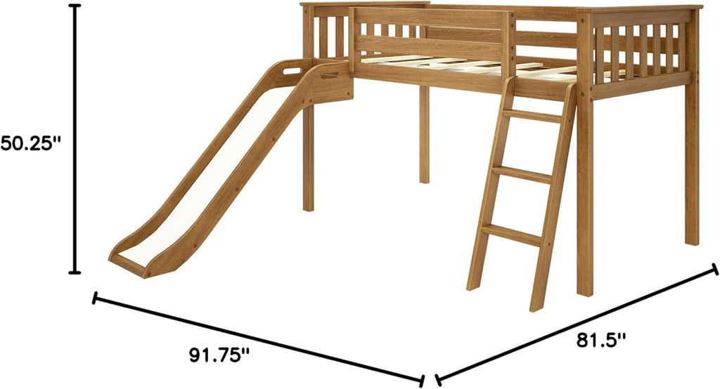 Max Lily Twin Size Low Loft Bed with Slide and Ladder, Classic Solid Wood Kids Bedroom Furniture, 400 lbs Weight Capacity, 14inch Safety Guardrail, Anti-Slip Steps, Pecan