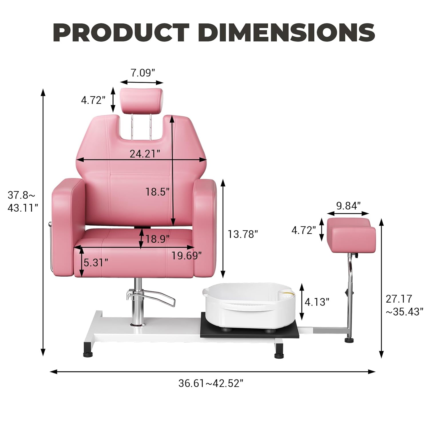 Reclining Pedicure Chair with Stool, Footrest Massage Foot Basin, Height Adjustable Pedicure Unit Station, 360 Swivel Hydraulic Pedi Chair for Foot Bath Pedicure Chairs, Beauty Spa Salon, Pink