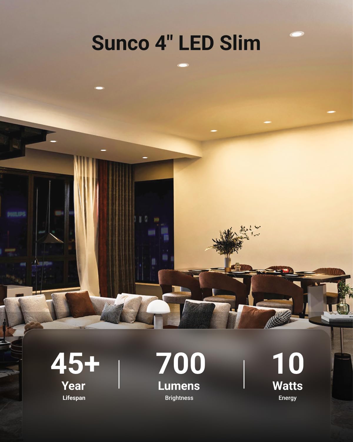 Sunco 6 Pack 4 Inch LED Recessed Lights, Slim Canless Ceiling Lighting, 650 LM, 10W (60W Equivalent), 2700K Soft White, Dimmable, Wafer Thin, Ultra Thin with Junction Box ETL.