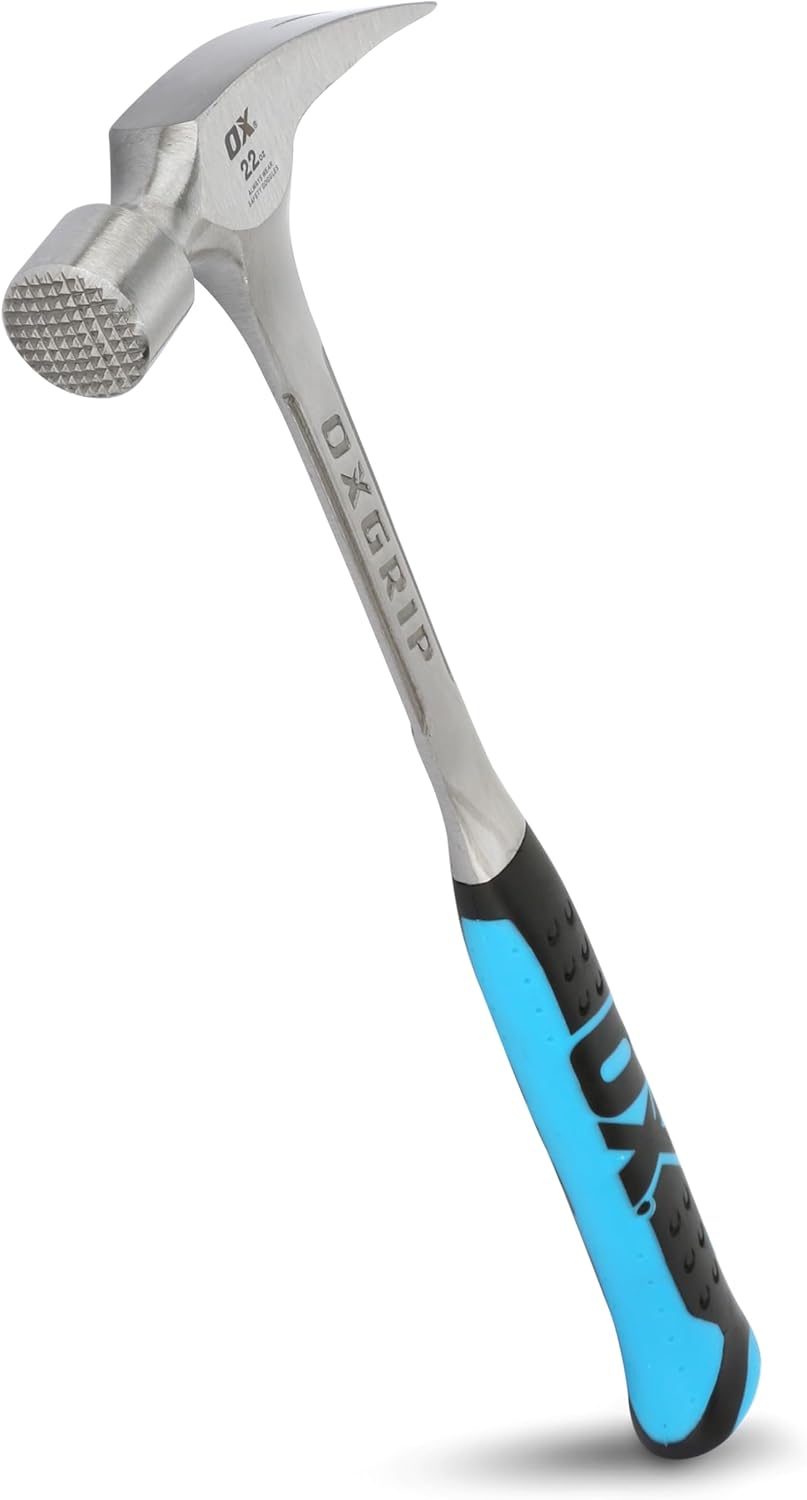 Ox Tools P082322 22 oz. Framing Hammer, Smooth Face, Long Shock Reduction Handle, Straight Rip Claw, Non-Slip Grip