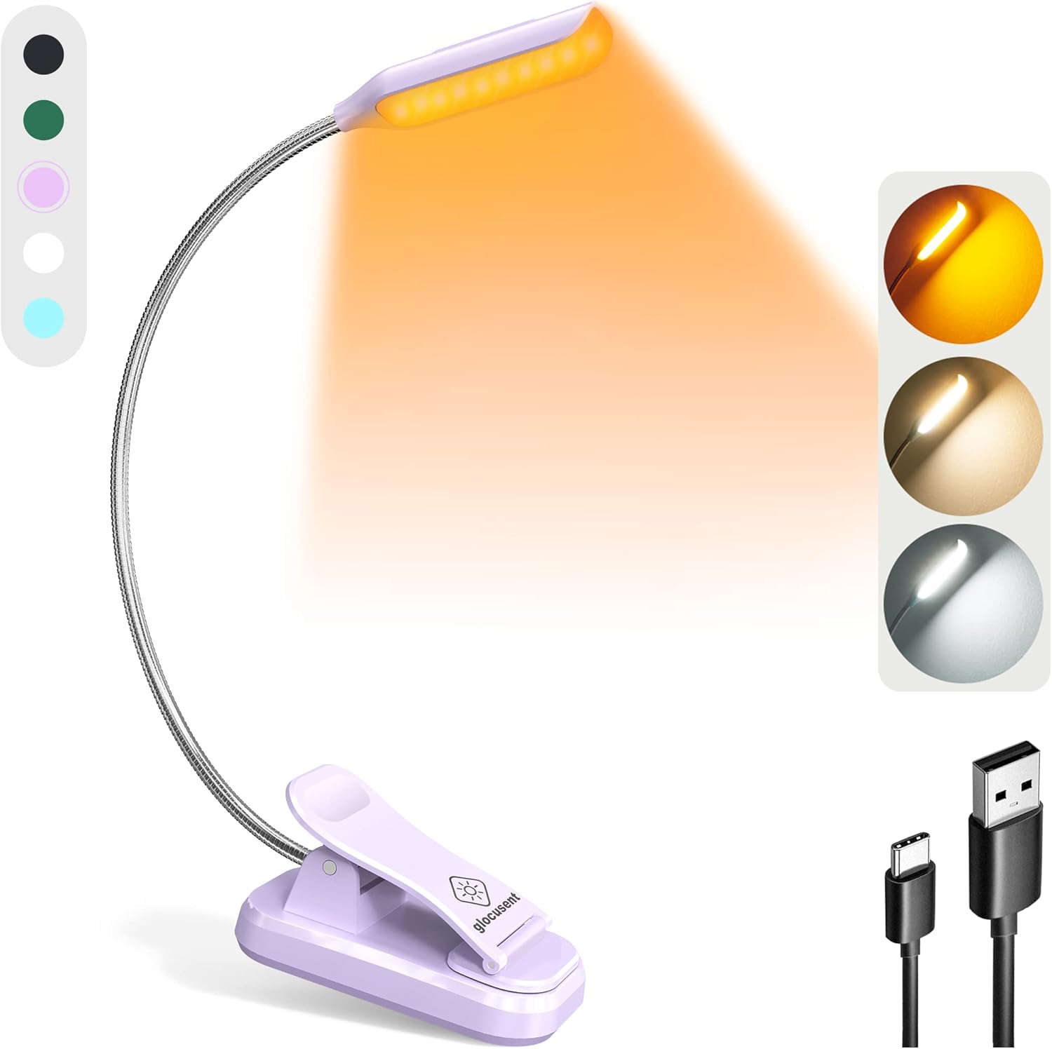 Glocusent Willow Book Light for Reading in Bed, 10LED Bright Reading Light, 3 Colors 3 Brightness, Rechargeable ,Lasts for 80hr, Lightweight Clip on Book Light, Perfect for Book Lovers
