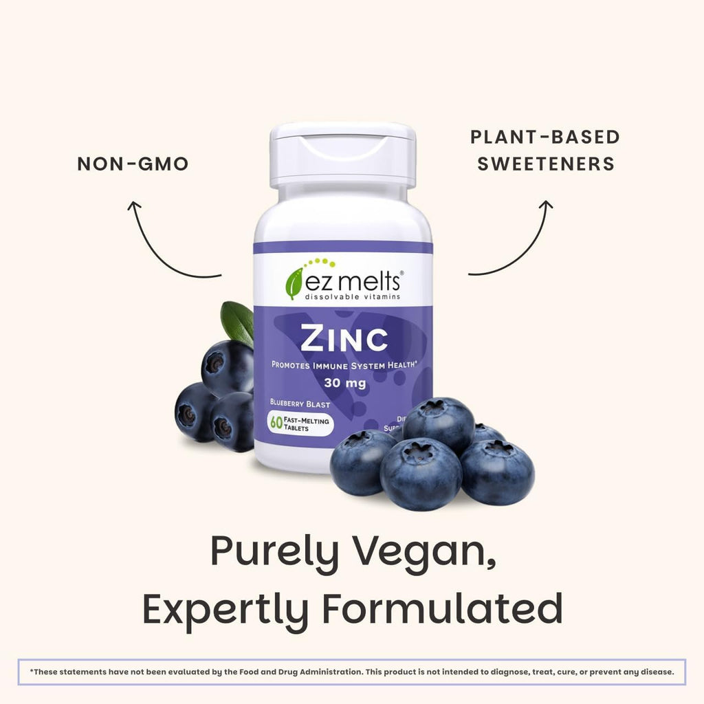 EZ Melts Zinc - Supplement for Immune, Digestive Skin Health Support - Non-GMO, Vegan Gluten-Free - Blueberry Blast - 60 Dissolvable Tablets (60 Servings)