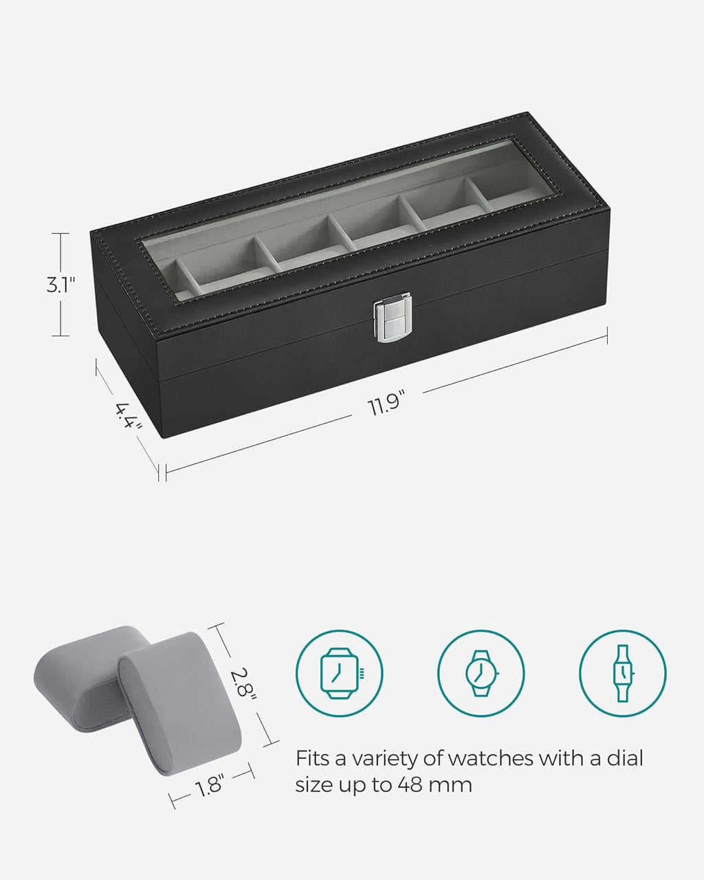 Watch Box, 6-Slot Watch Case Organizer with Large Glass Lid, Removable Pillows, Christmas Gift, Black Synthetic Leather, Greenish Gray Lining UJWB06BK