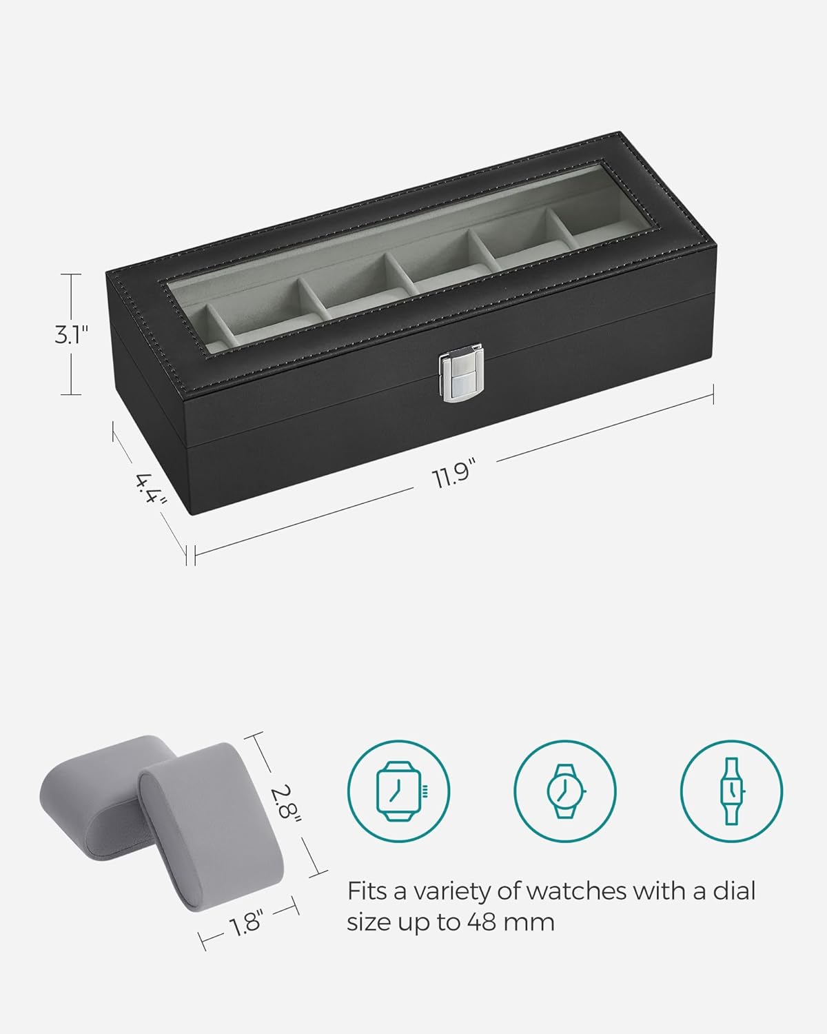 Watch Box, 6-Slot Watch Case Organizer with Large Glass Lid, Removable Pillows, Christmas Gift, Black Synthetic Leather, Greenish Gray Lining UJWB06BK