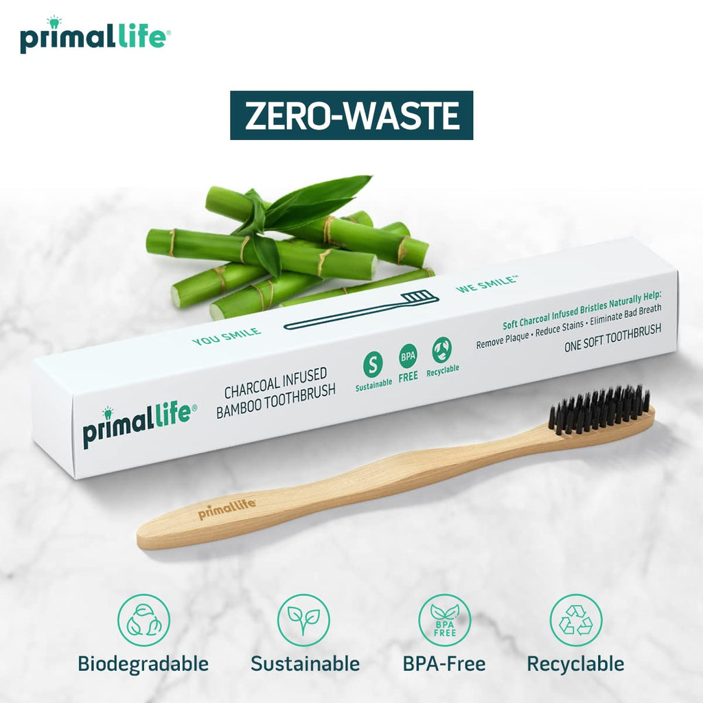 Prima Lif Organic Charcoa Toothbrush Mad wit Charcoa Bamboo Biodegradable BPA-Free Perfec fo Kid Adults Recyclable Gentl Massage Gum Teeth Zer Wast Toothbrush (1-Pack)