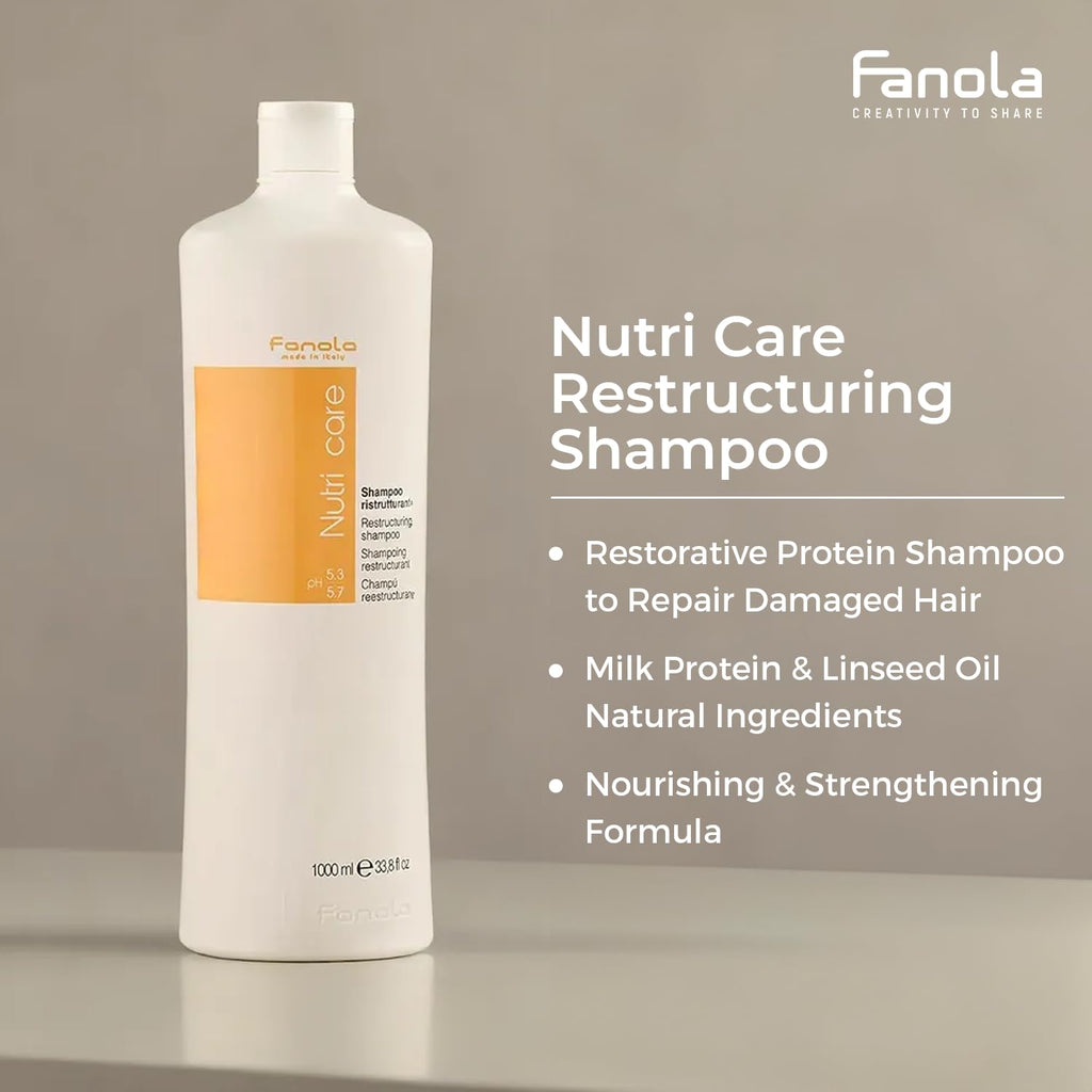 Fanola Restructuring Hair Shampoo for Women & Men - Moisturizing Shampoo for Dry Hair Enriched with Milk Protein - Repairing, Nourishing, Anti-Frizz Formula for Dry & Brittle Strands (33.8 Fl oz)