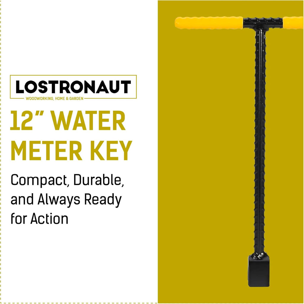LOSTRONAUT 12inch Water Meter Key - Professional Garden and Plumbing Tool for Opening and Closing Valves with Ease - with Reinforced Steel T-Handle and 4-Way Spigot Selector for Versatile Applications