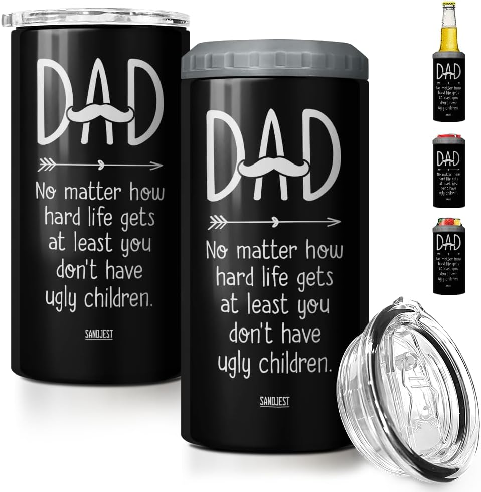 SANDJEST 4-in-1 Dad Tumbler Gifts for Dad from Daughter Son - 12oz Funny Ugly Children Dad Can Cooler Tumblers Travel Mug Cup - Insulated Cans Coozie Travel Mug Christmas, Birthday, Father's Day Gift