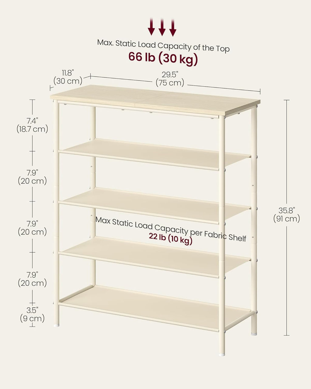 Shoe Rack, 5-Tier Shoe Storage Organizer for Entryway and Closet, Holds 12-16 Pairs of Shoes, 4 Fabric Shelves, Steel Frame, Modern, Natural Beige and Pearl White ULBS036K01