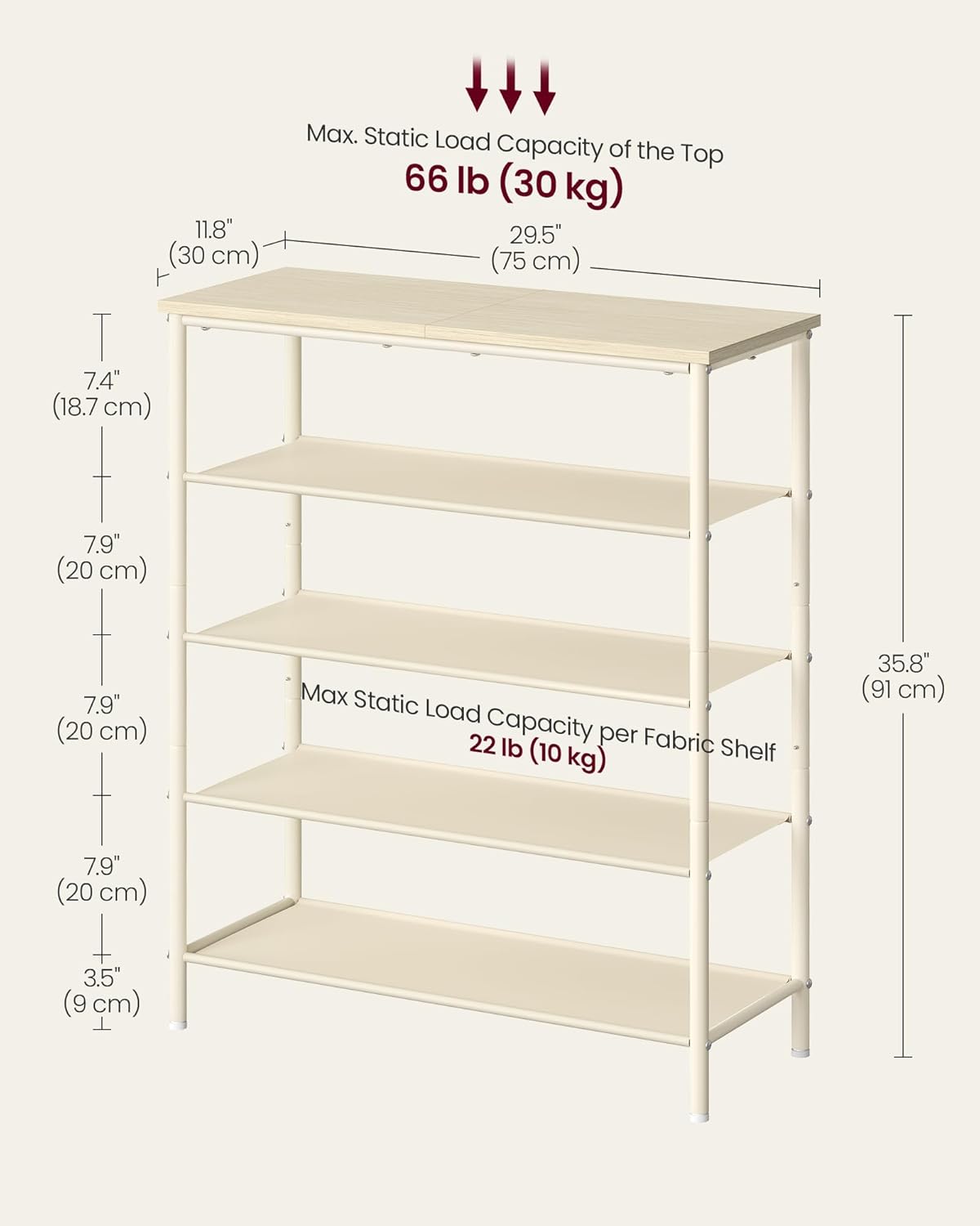 Shoe Rack, 5-Tier Shoe Storage Organizer for Entryway and Closet, Holds 12-16 Pairs of Shoes, 4 Fabric Shelves, Steel Frame, Modern, Natural Beige and Pearl White ULBS036K01