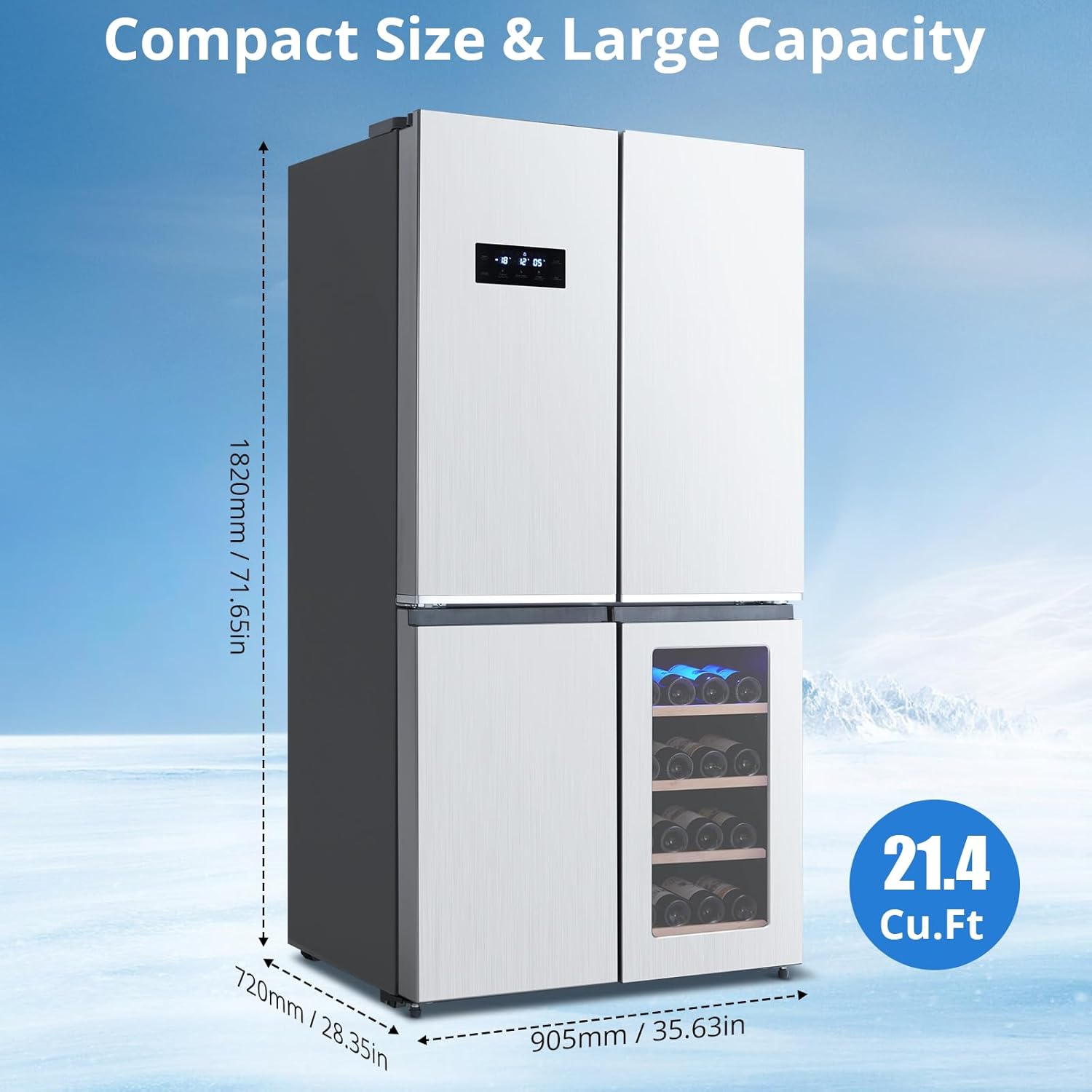 Frenc Doo Refrigerator 2 Cu.F Refrigerato wit Adjustabl Glas Shelves Botto Freeze wit Win Cabinet Doors LE Lighting Ful Siz Freeze Kitche Fridge Silver