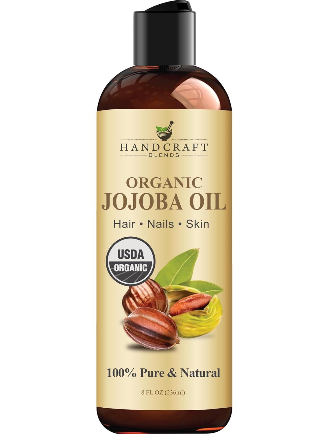 Handcraft Blends USDA Organic Jojoba Oil | Cold-Pressed | 8 Fl Oz | 100% Pure Natural | for Hair, Skin Face | Premium Grade Carrier Oil | for Massage Aromatherapy | Hexane-Free | Hair Relaxer