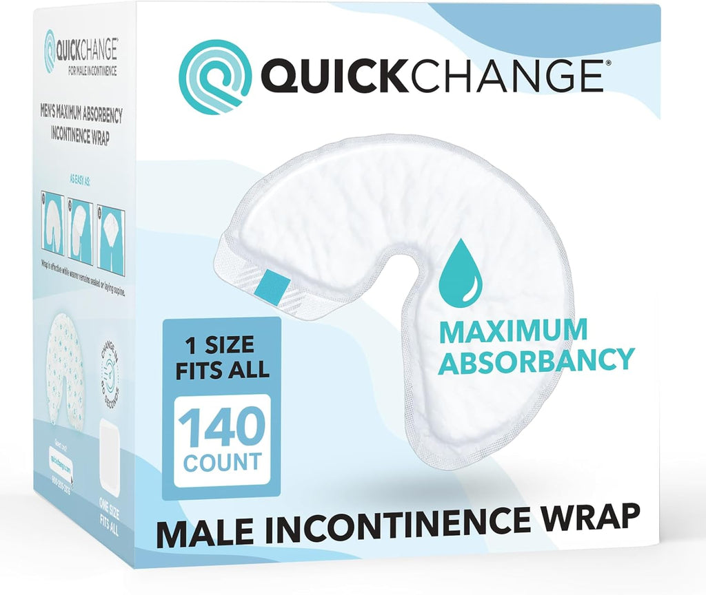 QuickChange Men¡¯s Overnight Adult Incontinence Wrap (Pad), Maximum Absorbency, Holds 17oz Dry to The Touch, Disposable, Fragrance Free, One Size Fits All, Catheter Replacement,140 Count