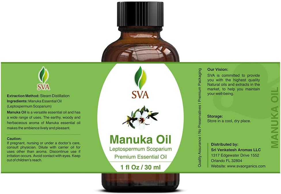 SVA Manuka Essential Oil ¨C 1 Fl Oz ¨C 100% Natural Manuka Oil - for Diffuser, Hair Care, Face, Skin Care, Aromatherapy, Scalp and Body Massage, Soap and Candle Making ¨C with Dropper
