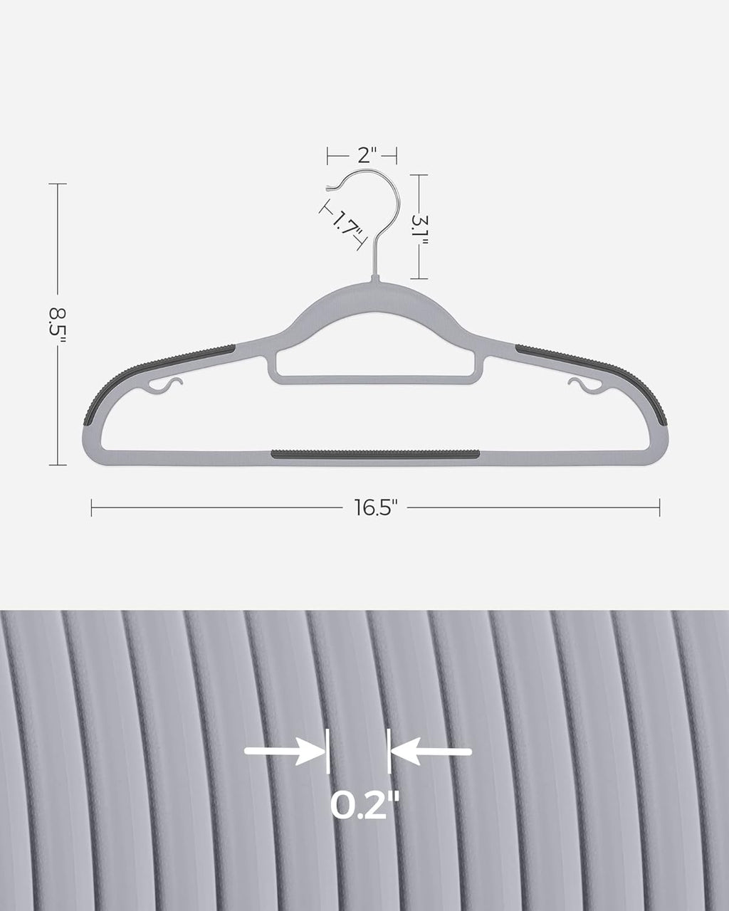 Pack of 100 Coat Hangers, Space-Saving Plastic Clothes Hangers, Non-Slip, 0.2 Inches Slim, 16.5 Inches Wide, 360¡ã Swivel Silver Hook, Light and Dark Gray UCRP020G010