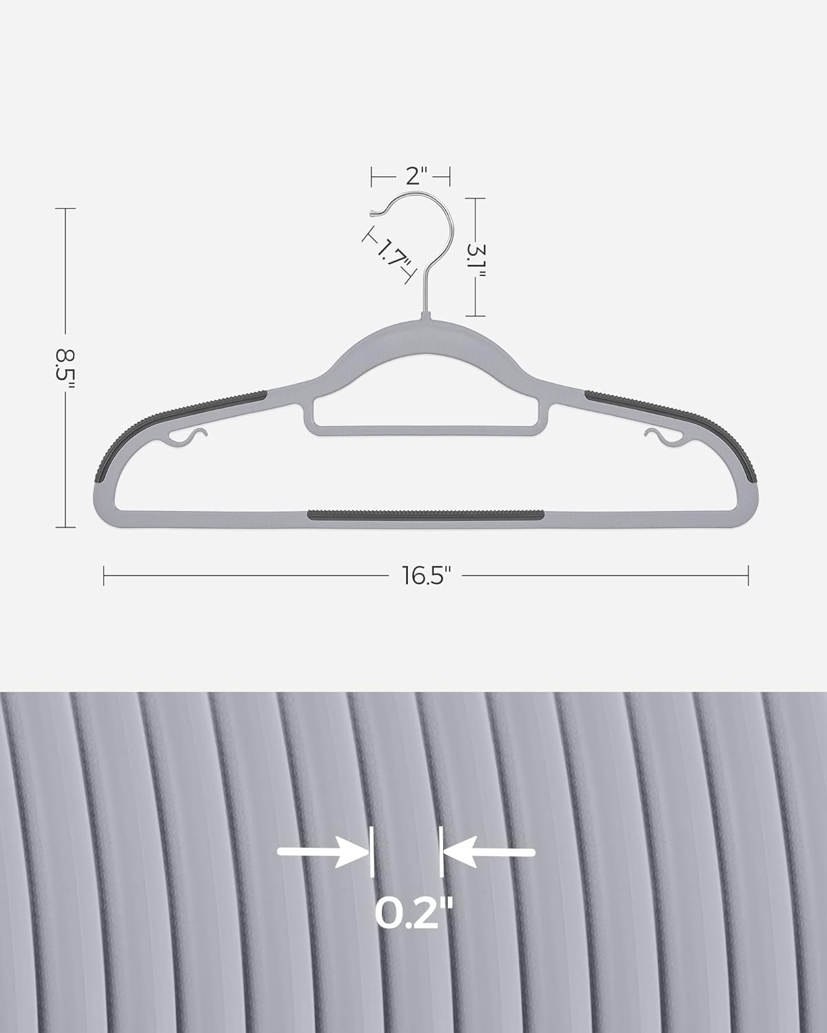 Pack of 100 Coat Hangers, Space-Saving Plastic Clothes Hangers, Non-Slip, 0.2 Inches Slim, 16.5 Inches Wide, 360¡ã Swivel Silver Hook, Light and Dark Gray UCRP020G010