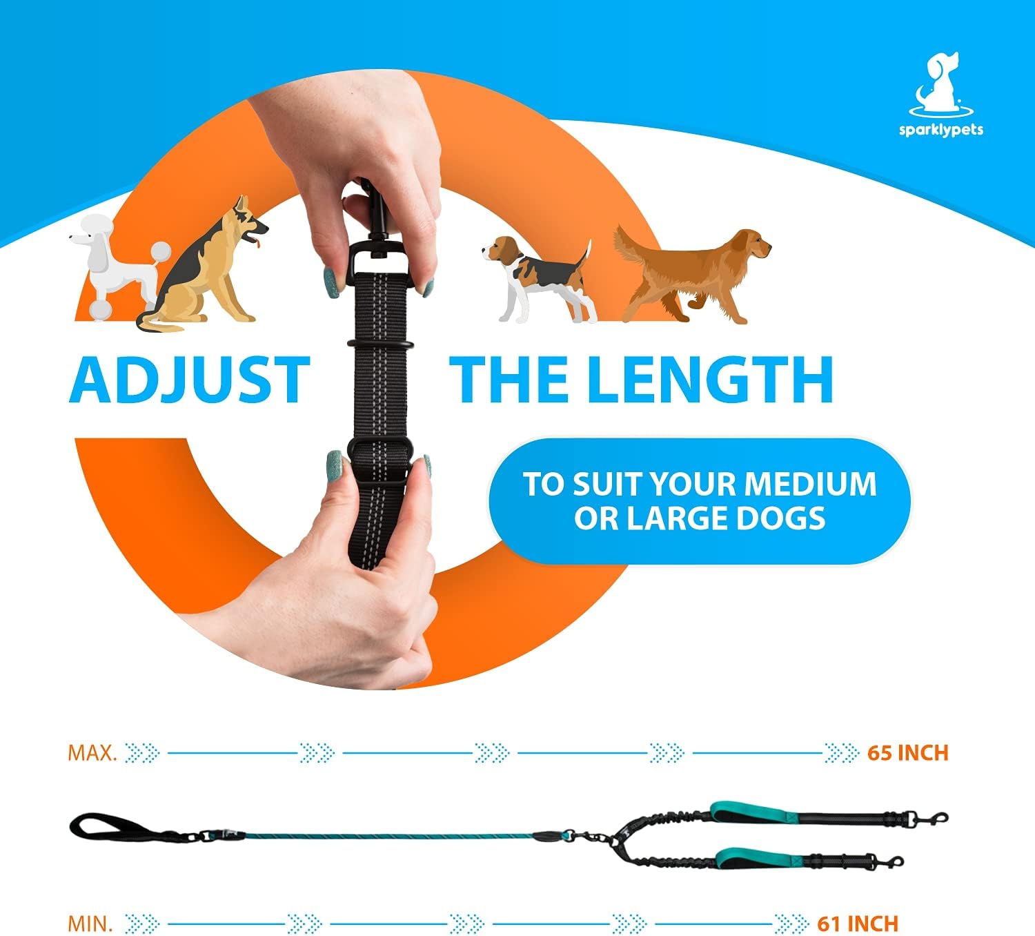 SparklyPets Double Dog Leash for 2 Dogs ¨C Rope Bungee Dual Leash for Medium and Large Breeds with Padded Handles & Tangle Free (Teal, Medium/Large)