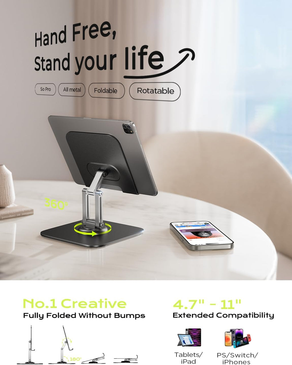 LISEN for iPad Stand Holder Adjustable Tablet Stand for Desk, 2025 for iPad Accessories Rotating Display Stand PC Office Accessories for Desk Women Kindle Table Mount/PS/Switch iPhone 12.9inch-4.7inch