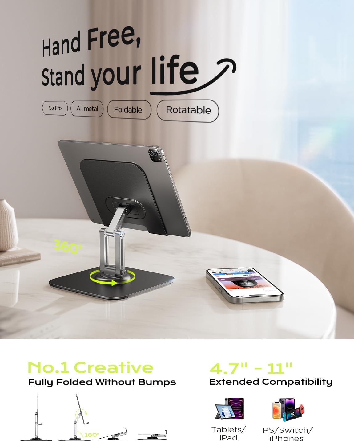 LISEN for iPad Stand Holder Adjustable Tablet Stand for Desk, 2025 for iPad Accessories Rotating Display Stand PC Office Accessories for Desk Women Kindle Table Mount/PS/Switch iPhone 12.9inch-4.7inch